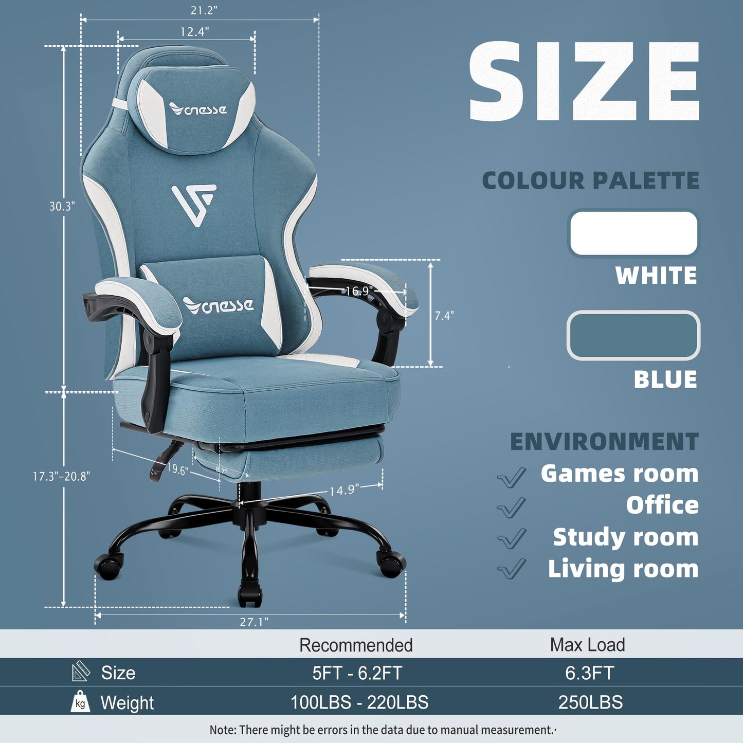 Vonesse Gaming Chair, Computer Chair Fabric with Pocket Spring Cushion, Office Chair with Footrest and Massage Lumbar Support, Reclining Gaming Chairs for Adults 250LBS (Blue)