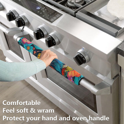 QwThum Butterfly Blue Flowers Refrigerator Handle Covers Set of 2 Door Handle Covers for Fridge Oven Microwave Appliance Washable Decor Non-Slip Dishwasher Door Cloth Protector 14x5.5in