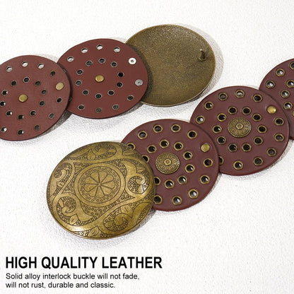 HIQUACC Wide Disc Belt for Women Vintage Leather Hollow Out Round Belt Western Waist Belt (Copper Brown S)