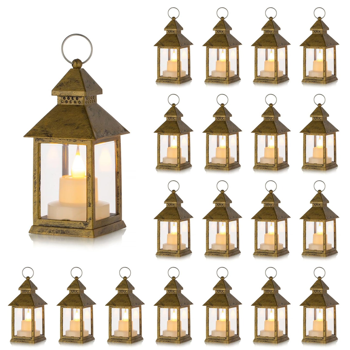 Romadedi Mini Lanterns Decorative for Wedding Centerpiece - 20 PCS Hanging Small Gold Lantern Bulk with Flickering LED Candles for Halloween Decorations Christmas Table Decor, Batteries Included