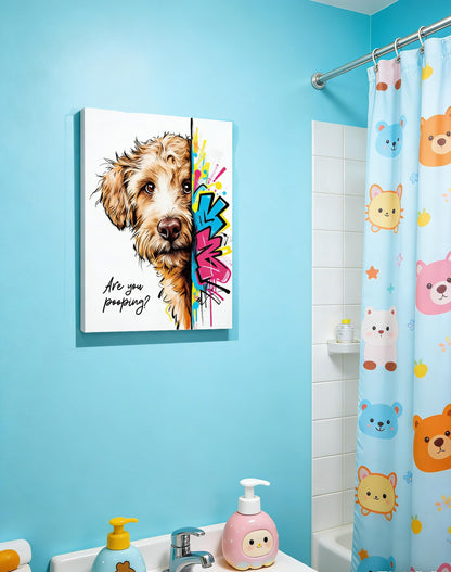 12x16“ Funny Goldendoodle Dog Bathroom Wall Art, Are You Pooping? Graffiti Pet Canvas Print, Humorous Restroom Poster Decor for Bathroom Toilet, Modern Pop Art Dog Lover Picture (Framed)