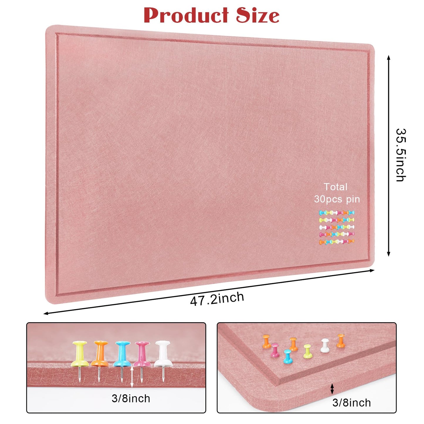 Large Bulletin Board - 48 X 36 inches Decorative Felt Pin Board - 4' x 3' Cork Board Alternative for Wall - Foldable Photo Board Self-Adhesive Vision Board Prayer Board with 30 Pushpins - Pink