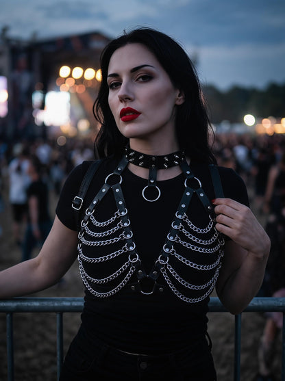 Punk Layered Chest Chain,Leather Bra CageStyle Shoulder Strap,Punk Black Leather Chest Harness Body Waist Chain Belt Rave Nightclub Belly Bra Jewelry Accessor for Halloween Carnival