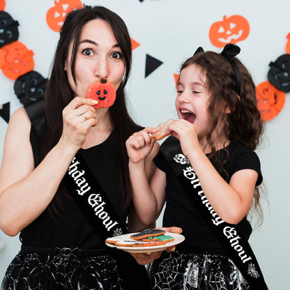 Black Birthday Ghoul Sash with White Glitter Printing Letters - Halloween Birthday Decorations，Glitter Cloth Goth Sash, Halloween Bhday Decorations