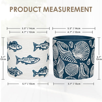 Nature Crafted Ceramic Plant Pots, 5.5 Inch Planter Pot with Drainage Hole, Shell Fish Patterns Ceramic Planters Flower Pot for Indoor Home Succulent Flower Orchid Plants, Set of 2