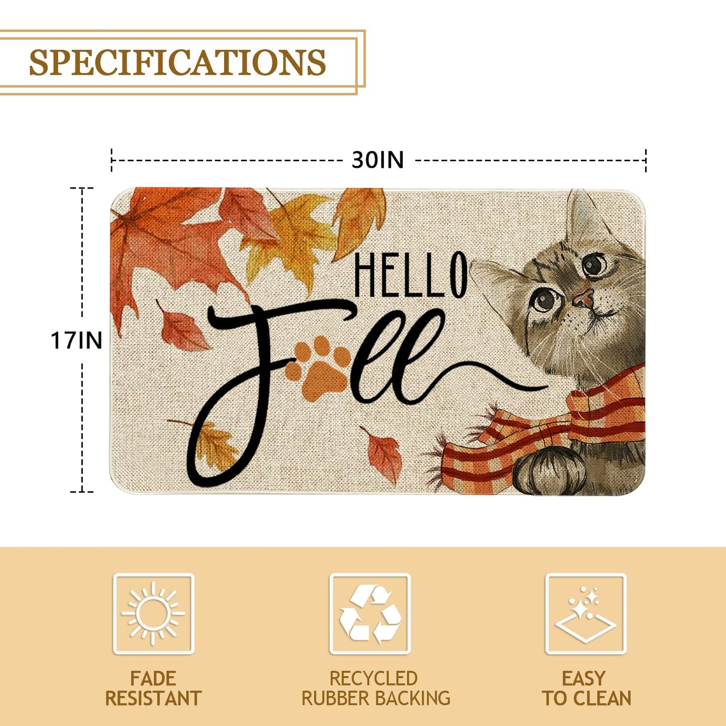 Roszwtit Hello Fall Door Mat 30 X 17 Inch Fall Cat Doormat Indoor Outdoor Entrance Floor Mat Non Slip Autumn Thanksiving Decor Rubber Welcome Mats