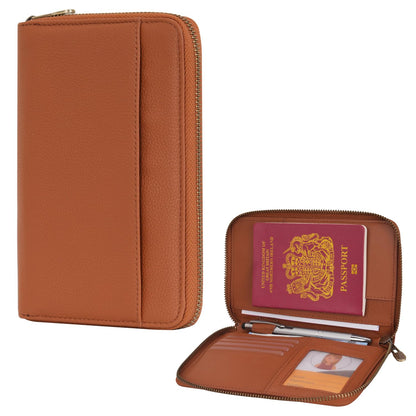WASON Leather Zipper Travel Passport Wallet Holder RFID Blocking Cover, Passport case Pocket Slot for Card, Cash, ID, Boarding Pass and Ticket for Men, Women and Family Trips (Brown)