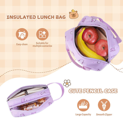 Similove Capybara Theme Backpack for School Girls, 35PCS Kids Backpack Set with School Supplies Stationery Kit Lunch Box Pencil Case, Cute Girls Bookbag for Kindergarten Elementary Student