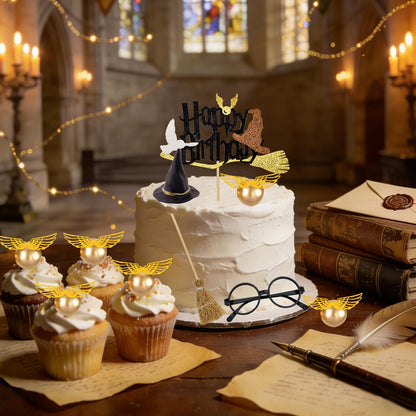 Rismise Wizard Cake Topper 14PCS Magical Wizard Themed Cake Decorations Gold Ball Cupcake Cake Picks with Glasses Wings Hats for Halloween Birthday Magical School Party Supplies