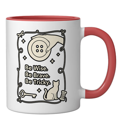 Halloween Witch Cat Sewing Design - Be Wise Be Brave Be Tr!C Ceramic Mug, Red/White