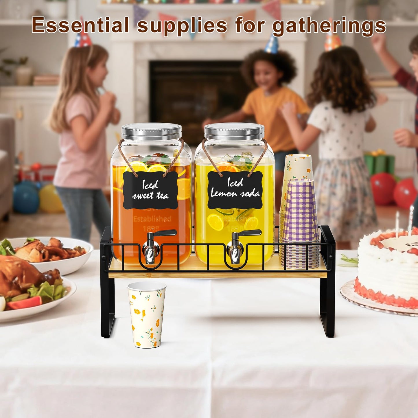 Zuyachuza 2-pack 1 Gallon Drink Dispenser,Glass Beverage Dispenser with Spigot,Lemonade dispenser Bamboo Stand for Outside, Glass Drink Dispensers for Parties with Ice Core