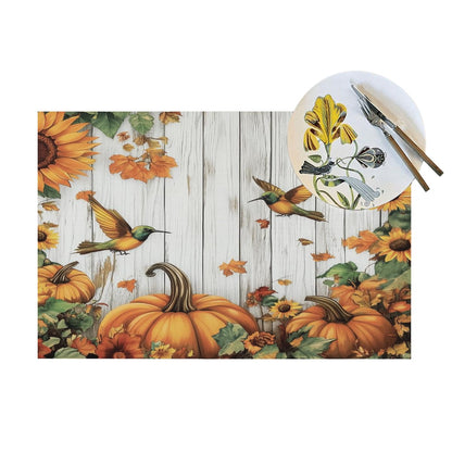 Thanksgiving Day Vinyl Placemats Set of 4 for Dining Tables,Fall Pumpkin Bird Sunflower on Wood Kitchen Table Mats Heat Resistant Washable Wipeable PVC Place Mat for Indoor Outdoor Seasonal Party