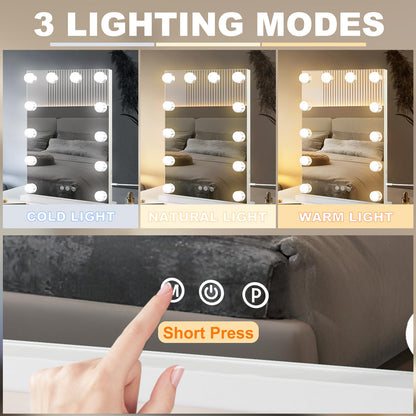 Hollywood Vanity Mirror with Lights, 15 Dimmable Bulbs, 3 Color Lights,Make Up Lighted Mirror, Aluminum Metal Frame, USB Charging Port（23" x 18"）