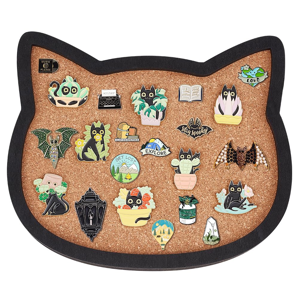 BENECREAT Cat Pin Board Cork Board, 7.8x6.7inch Bulletin Display Board Wall Mounted Cork Board with Black Frame for Brooch Pin Storage Display, Office Home and School Decor