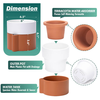 6.5 Inch Self-Watering Planter Pot with Terracotta Insert, Deep Water Reservoir, and Ceramic-Alike BPA-Free Plastic Pot for Plant, Modern Planter for Houseplants, Terracotta/White, 53-B-S-6