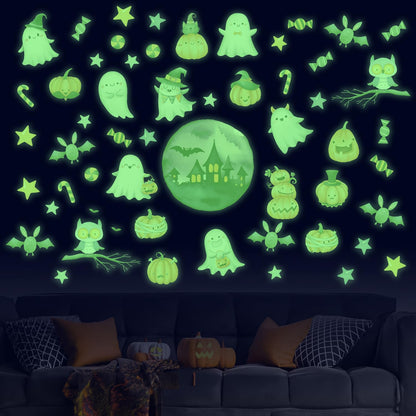 TOARTI Halloween Glow in The Dark Window Decal Halloween Luminous Ghost Wall Clings Haunted House Bat Pumpkin Night Glow Decals Scary Halloween Theme Party Decor