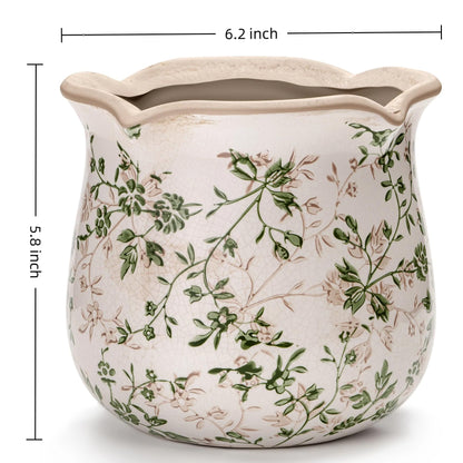 behen bahen Vintage Ceramic Planter Pot with Drainage Holes, Green Floral Design, 6.11 Inch, Distressed Tuscan Style, Indoor Plant Pot and Vase (Sage Beige)
