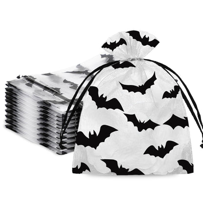 JarThenaAMCS 100Pcs Halloween Organza Bags Black Bat Drawstring Mesh Gift Bags Jewelry Pouch Bag for Holiday Birthday Party Supplies, 4 x 6 Inch