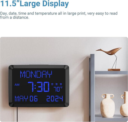11.5” Extra Large Digital Wall Clock with Date and Day of Week , Electric Desk Clock for Seniors, Large Display Alarm Clock for Bedroom with Battery Backup, 5 Dimmer, 2 USB Ports, Indoor Temp, 12/24H