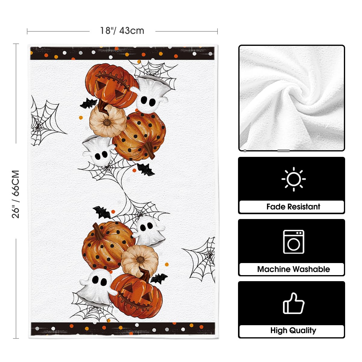 Artoid Mode Black Polka Dot Pumpkin Ghost Halloween Kitchen Towels Dish Towels, 18x26 Inch Farmhouse Bat Cobweb Decoration Hand Towels Set of 4
