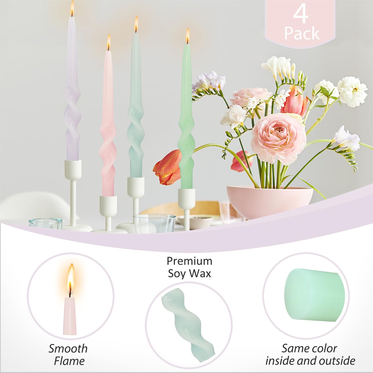 Gedengni Spiral Taper Candle Long Candlesticks - 10inches Halloween Tapered Candles Green Candle Sticks Colorful Twisted Candles for Wedding Home Party Women Gift,Pack of 4 (23D4P-LIGMIX)