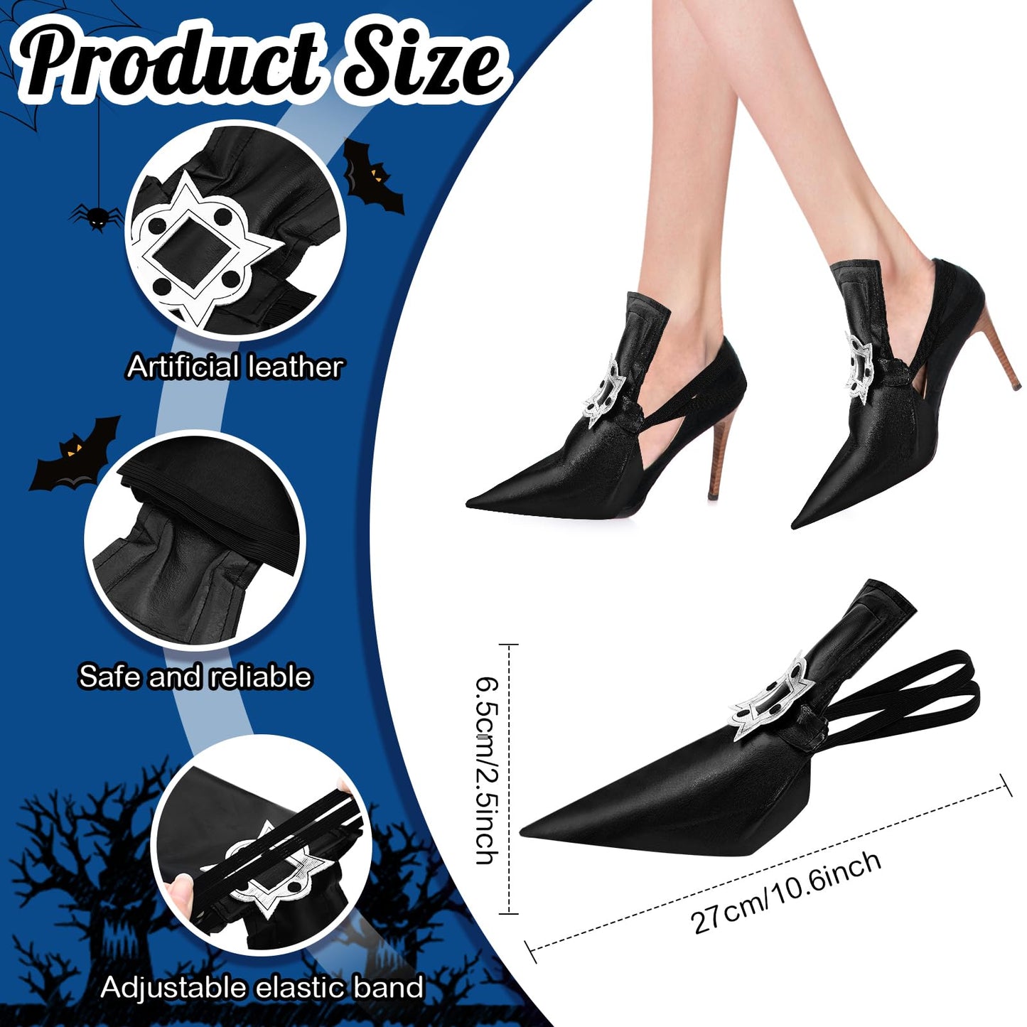 Vicenpal 3 Pcs Halloween Witch Costume Accessories Witch Broom Shoe Covers Socks Broomstick for Women Cosplay Party(Black White)
