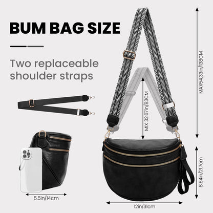 Leather Crossbody Fanny Pack Trendy Bum Bag Double Zip Multi Compartment with 2 Adjustable Straps Daily Belt Purse for Women