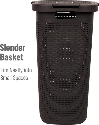 Mind Reader Slim Laundry Hamper with Lid, 60L Tall Clothes Basket, Narrow Tapered Design for Bathrooms, Closets and Laundry Rooms, Plastic, Brown