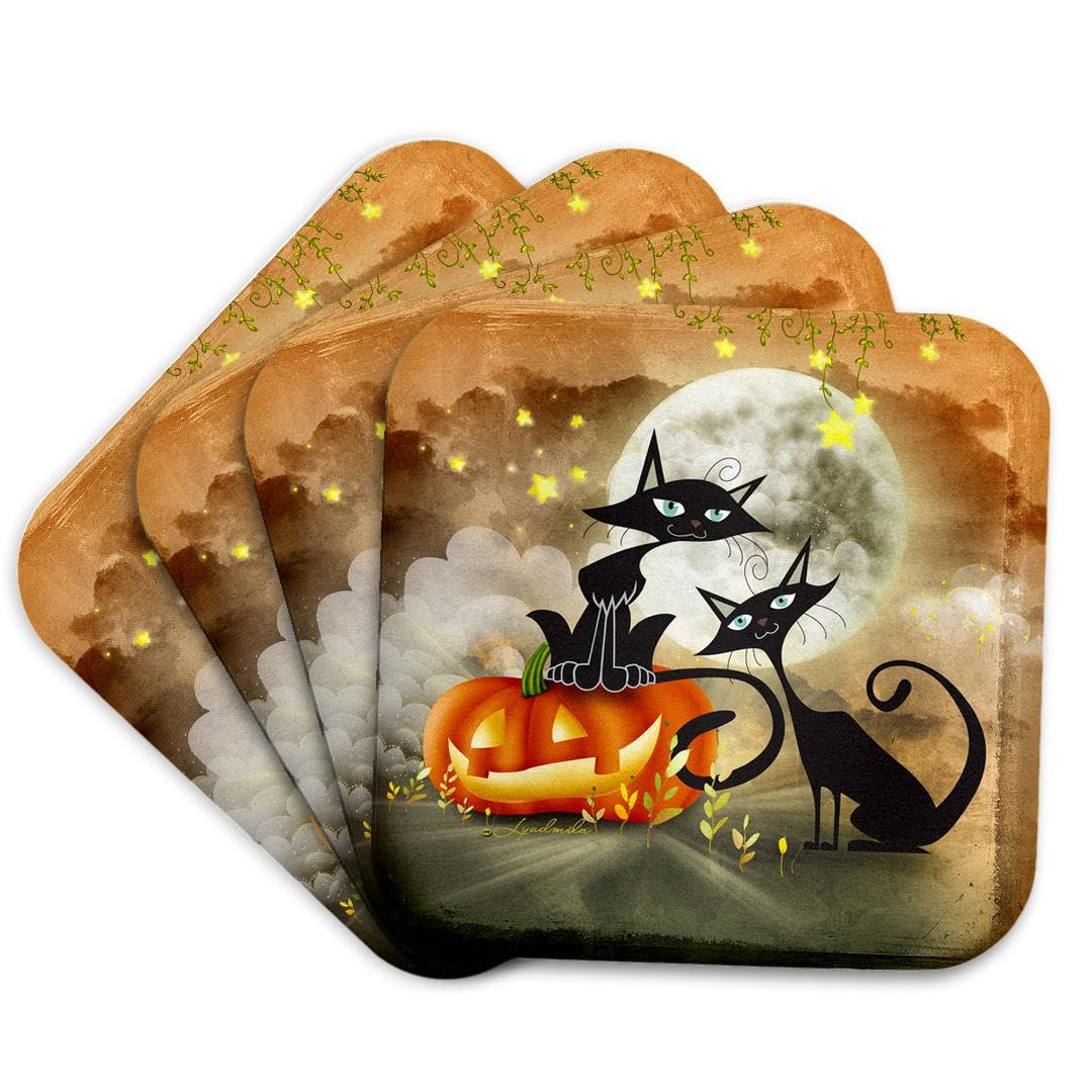 3dRose CST_201124_1 Halloween Two Cats is Telling a Scary Story Each Other Soft Coasters (Set of 4)