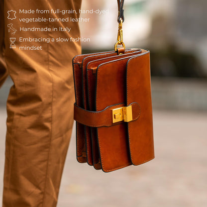 Time Resistance Leather Clutch - Organizer Bag for Men - Wrist Bag - Briefcase Handmade in Italy (Cognac Brown) - Handbag for Men - Gift Box Included