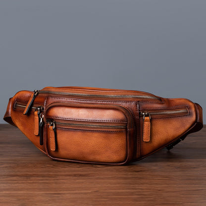 Myunxui Genuine Leather Fanny Pack Waist Bag for Men Women Hip Bum Bag Travel Pouch Sling Bag Crossbody Chest Bags Shoulder Daypack Multiple Pockets Waist Pack Brown