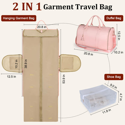 Convertible Garment Duffle Bag for Travel, Carry On Garment Bag with Shoe Pouch, PU Leather, 2 in 1 Hanging Suit Travel Bags Large Weekender Overnight Bags for Women Men (Pink)