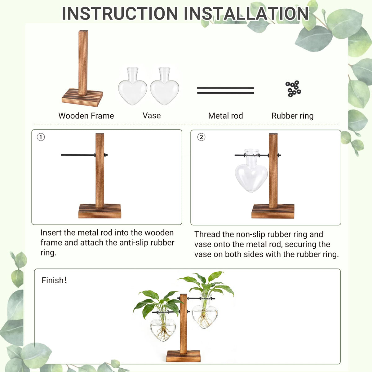 Mkono Heart Shaped Propagation Station with Wood Stand, Glass Hydroponic Planter Desktop Plant Terrarium for Home Office Decor, Gifts for Plant Lovers - 4 Love Bulb Pot Vase
