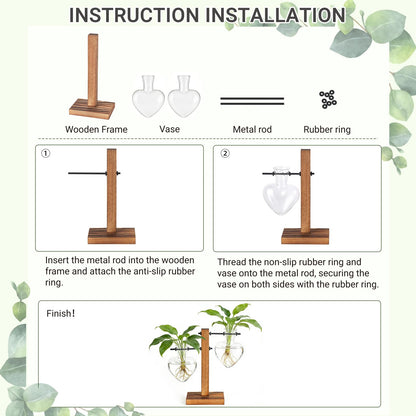 Mkono Heart Shaped Propagation Station with Wood Stand, Glass Hydroponic Planter Desktop Plant Terrarium for Home Office Decor, Gifts for Plant Lovers - 4 Love Bulb Pot Vase
