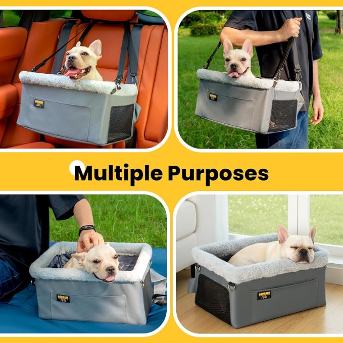 Conlun 2-Pack Dog Car Seat Boosters for Small Pets Under 20lbs, Portable Travel Puppy Car Seats with Internal Steel Frame, Comfort Cushions & Storage Pockets, Grey