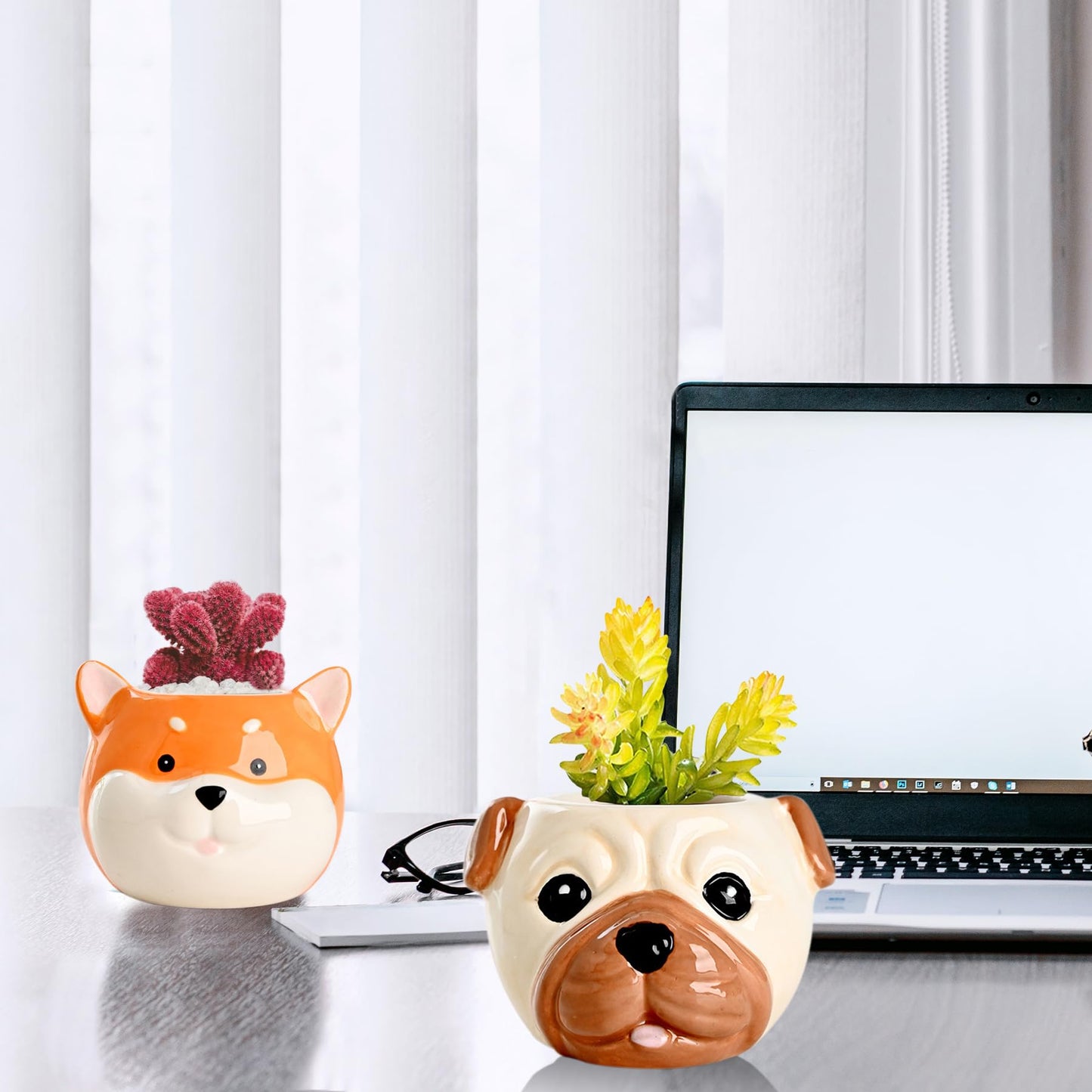DIYOMR Cute Pet Dog Ceramic Planter Small Succulent Pot Cartoon Shaped Plant Pot for Mini Plants Flower Cactus, Smooth Shiny Ceramic - Plants Not Included (Akita)