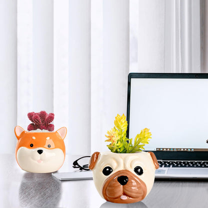 DIYOMR Cute Pet Dog Ceramic Planter Small Succulent Pot Cartoon Shaped Plant Pot for Mini Plants Flower Cactus, Smooth Shiny Ceramic - Plants Not Included (Akita)