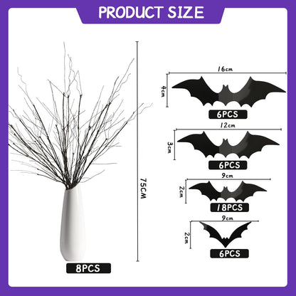 JUNEBRUSHS Curly Willow Branches 29.5 Inch Artificial Bendable Stems Black Branches with 36Pcs Halloween Bat Stickers for Halloween Wreath Home Party Decorations
