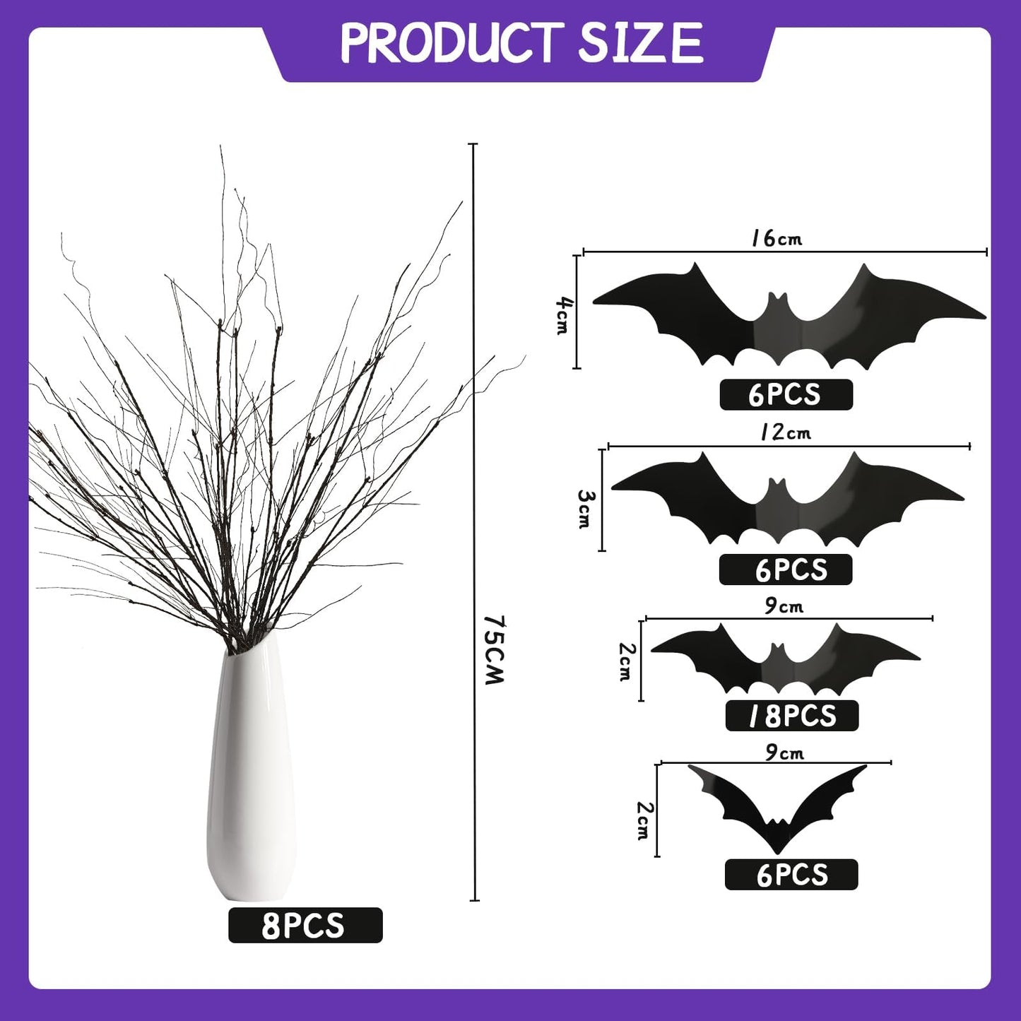 JUNEBRUSHS Curly Willow Branches 29.5 Inch Artificial Bendable Stems Black Branches with 36Pcs Halloween Bat Stickers for Halloween Wreath Home Party Decorations