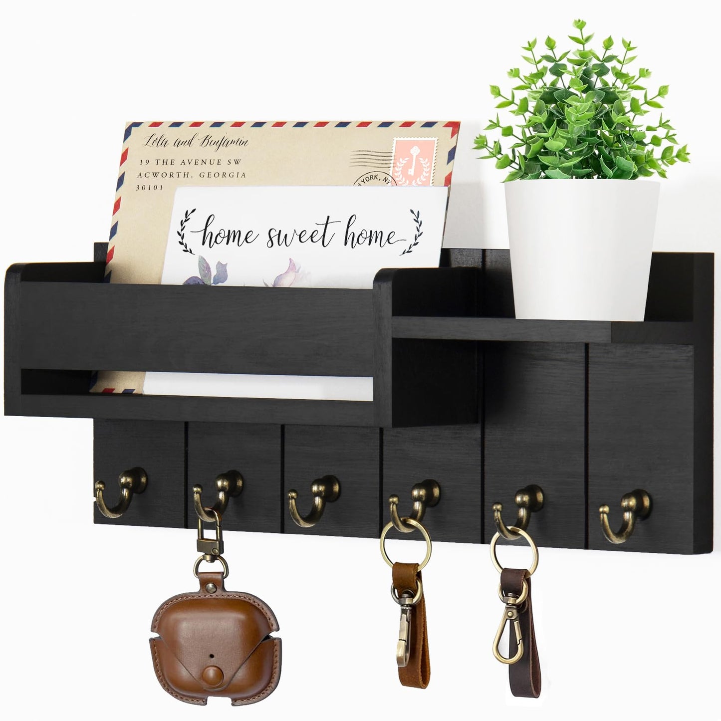 RelaxScene Key Holder Wall Mount - Decorative Key Rack and Mail Organizer with 6 Key Hooks - Wooden Key Hanger with Shelf for Living Room Decor - Rustic Farmhouse Home Entryway Aesthetic Essentials