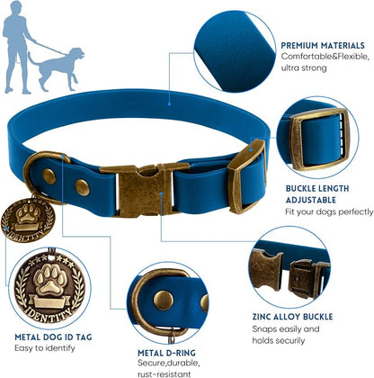 Wisedog Waterproof Dog Collar and Leash Set, M, Blue | Adjustable Puppy Collar, Cute Tag, 5FT Leash, Includes Poop Bag, For Small Medium Large Dogs