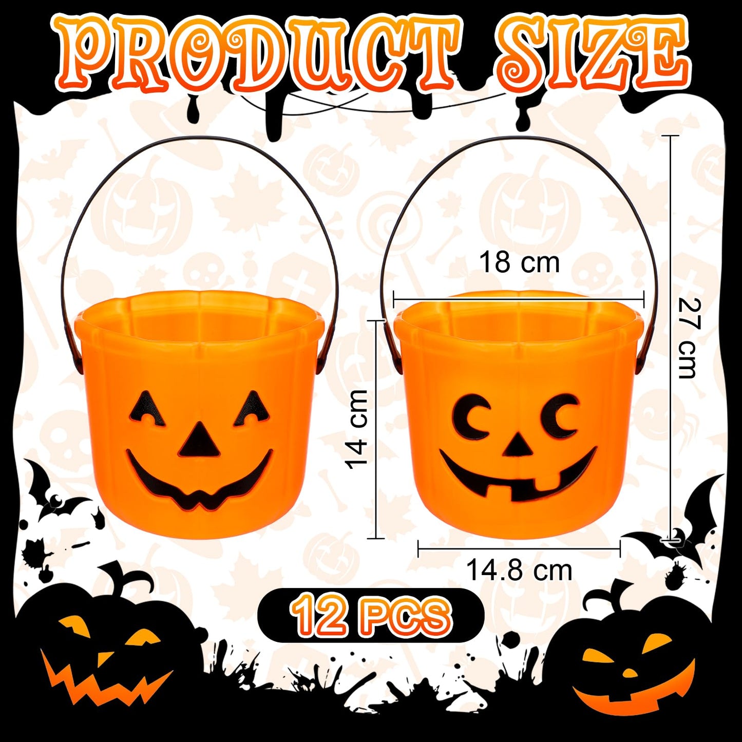 Jenaai 12 Halloween Trick or Treat Buckets Halloween Pumpkin Buckets Halloween Party Favors Pumpkin Face Candy Basket Plastic Pail Candy Bowl Holder with Handle or Party Decoration (Orange)