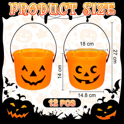 Jenaai 12 Halloween Trick or Treat Buckets Halloween Pumpkin Buckets Halloween Party Favors Pumpkin Face Candy Basket Plastic Pail Candy Bowl Holder with Handle or Party Decoration (Orange)