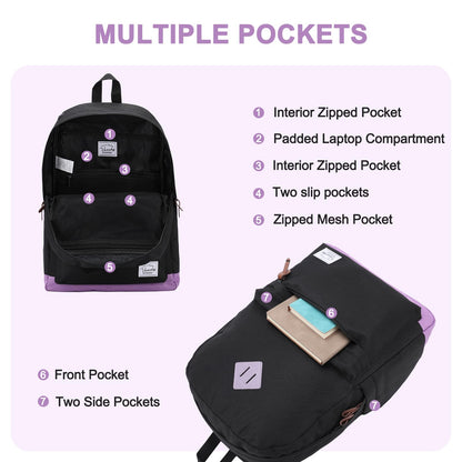 VASCHY Backpack for Teen Girls, Unisex Classic Water Resistant School Backpack Fits 15Inch Laptop (Black Purple)