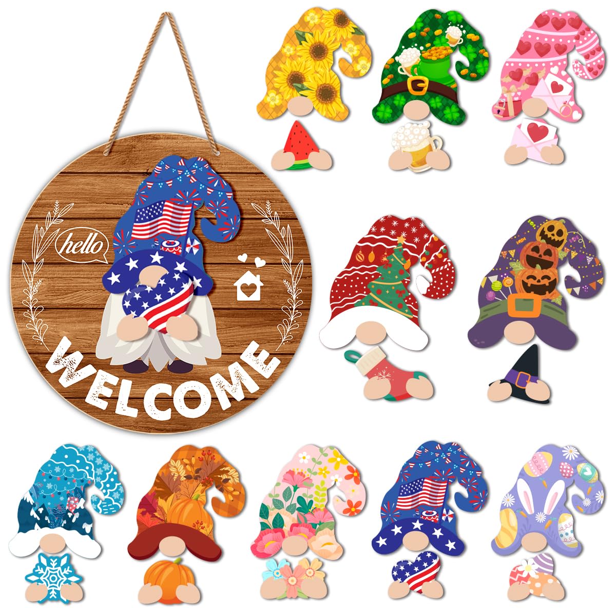 Interchangeable Gnome Welcome Sign Summer Patriotic 4th of July Porch Decor, Changeable Wooden Gnomes Front Door Decoration Wreath Hanger for Spring Fall Winter All Seasons Holiday, Red Brown