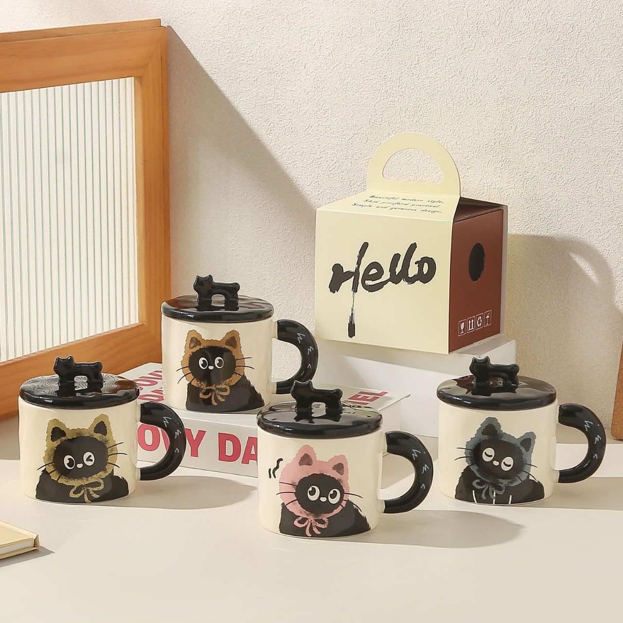 BONTOUJOUR Super Cute Black Cat Coffee Mug, Creative Funny Novelty Lovely Kawai Wearing Scarf Happy Tea Cup+ Kitty lid, Lover Couple Best Friend Friendship Valentine Water Cup, Cat Lover Gift -Brown