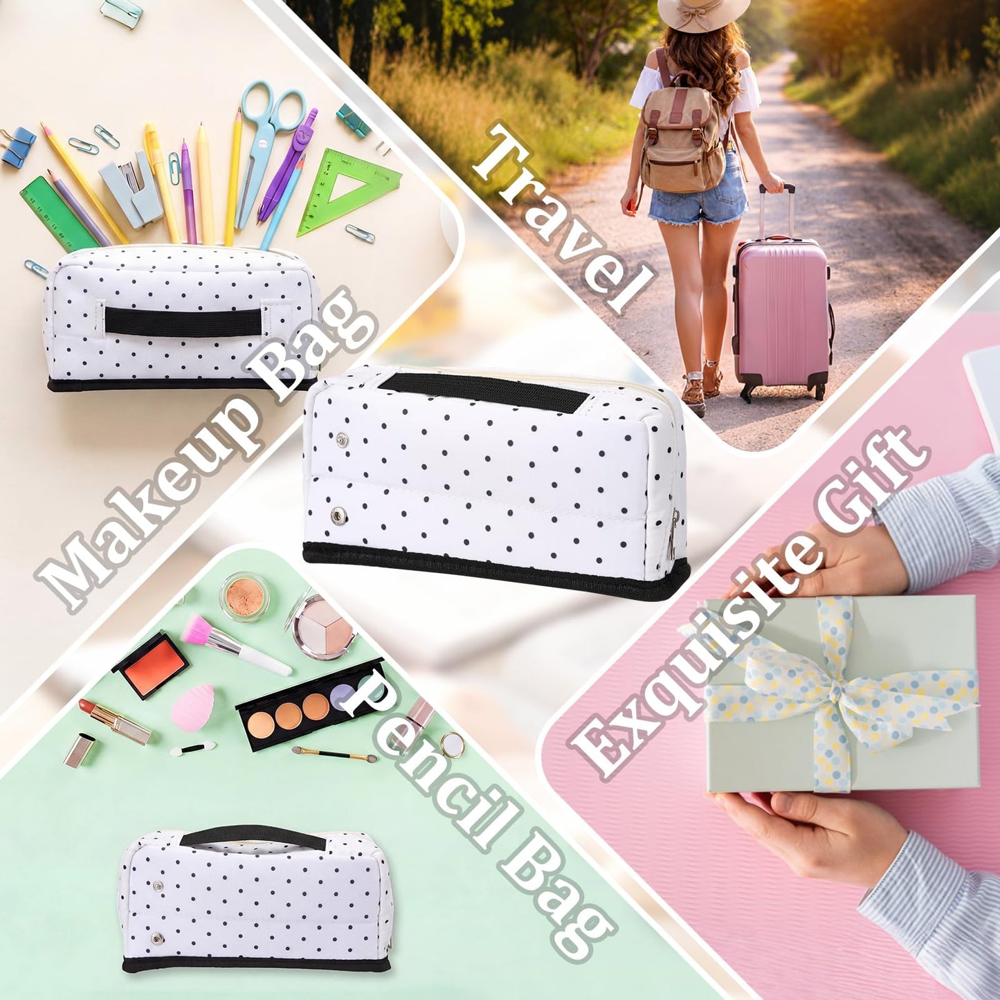 Gueevin Large Capacity Pencil Case Polka Dot Pen Pouch with Multiple Compartments Foldable Portable Pencil Case Black White Stationery Organizer Bag for Adults(White)