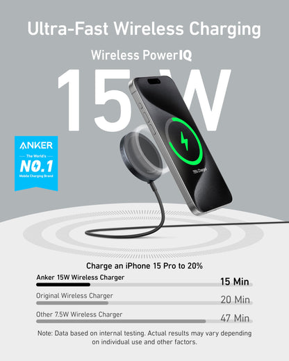 Anker MagSafe Charger Pad, MagGo iPhone 16 Wireless Charging Pad, Qi2 Certified 15W Wireless Charger, Compatible with iPhone 16/16 Plus/16 Pro/16 Pro Max/15/14/13/12 Series (USB-C Adapter Included)