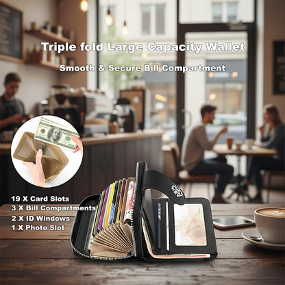 VelaStyle Credit Card Wallets for Women, Leather Cardholder with Zipper Around, Small Rfid Ladies Wallet, Accordion Compact Bifold Purse for Travel, 19 Card Slots, ID Window, Cash Organizer - Black
