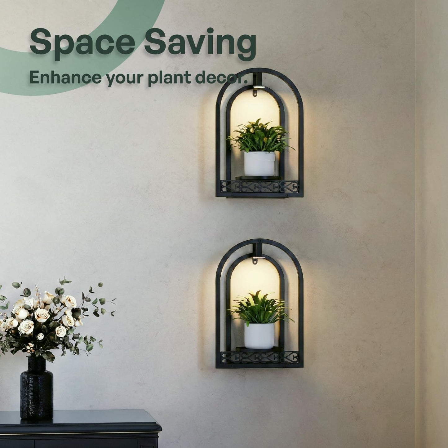 Rioneta LED Grow Light Wall Hanging Planters with USB Power, Remote Control, Modern Decor for Indoor/Outdoor Plants, Living Room, Garden, Patio 2 Pack Black